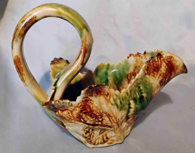 Majolica "Maple Leaf " Green Gravy Boat No markings 8" long 7.5" high Very nice