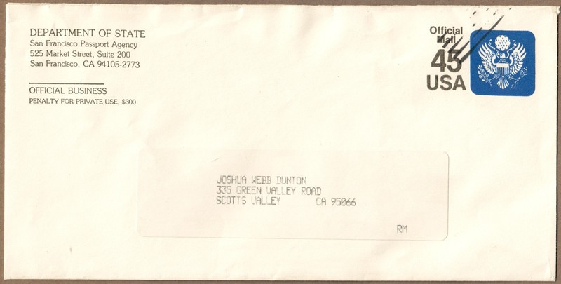 Rare 45¢ Official passport envelope used cover.