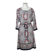 Liz Claiborne XL Blue Pink Boho Print Dress Keyhole Tie Waist Long Sleeve Career