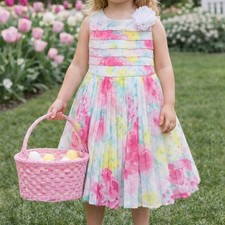 Janie  Jack Girls Watercolor Floral Pleated Dress 3 Flower Girl Easter Wedding
