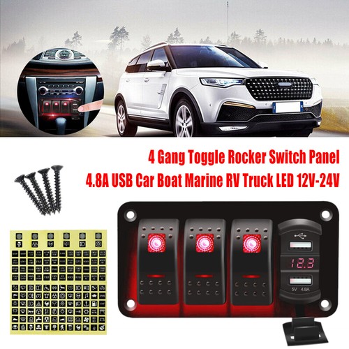 4 Gang Green LED Toggle Rocker Switch Panel USB 12-24V For Car/Boat/RV/Truck - Picture 4 of 22