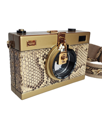 Dolce & Gabbana Gold Brown Tan Snakeskin Camera Bag Purse Clutch