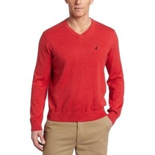 Nautica Men's V-Neck Sweater Medium Red 100 Cotton Casual Classic