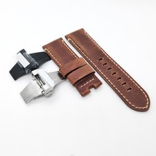 24mm Brown Waxy Leather Deployment Clasp Strap For PAM RADIOMIR LUMINOR Watch