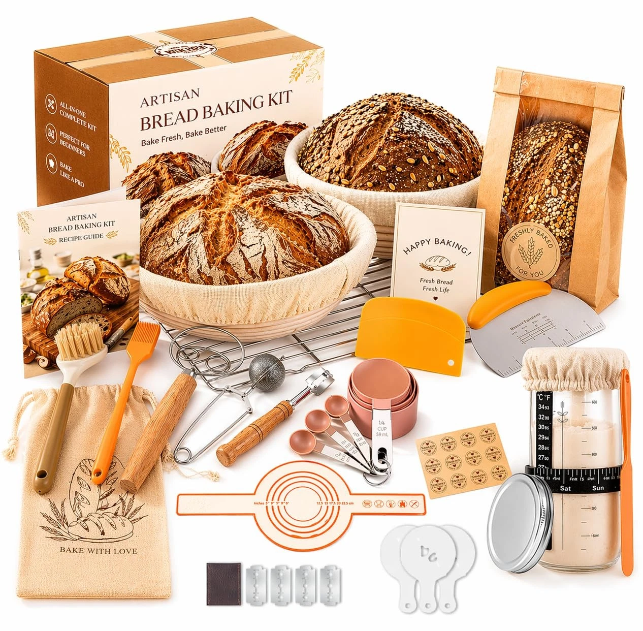 Sourdough Starter Kit, Bread Baking Supplies with Round & Oval Banneton Proof...