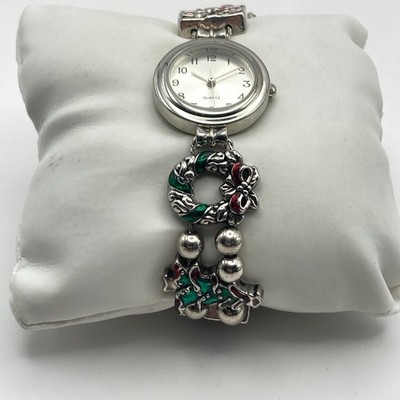 Women's Christmas Watch Silver Tone Charms 24mm Tree Wreather New Battery 6.75''