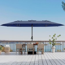 15 ft Rectangular Patio Umbrella with Base 15FT No Solar Light Navy Blue