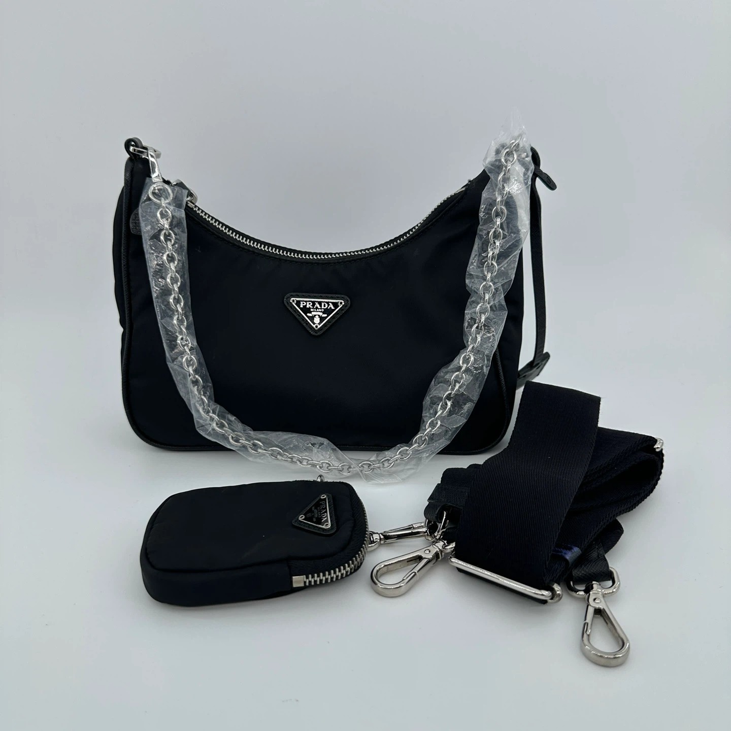 Prada Re‑Edition 2005 Black Nylon Triangle Logo Chain Shoulder Bag with Shoulder