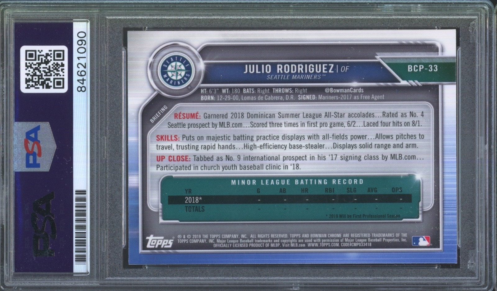 2019 Bowman Chrome #33 Julio Rodriguez RC Rookie Gem Mint PSA DNA 10 Auto view 2