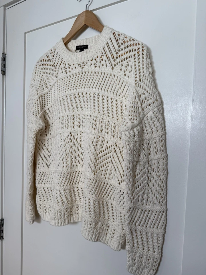Suéter feminino Rag & Bone tamanho P marfim crochê malha aberta gola redonda mistura de algodão - Imagem 2 de 4