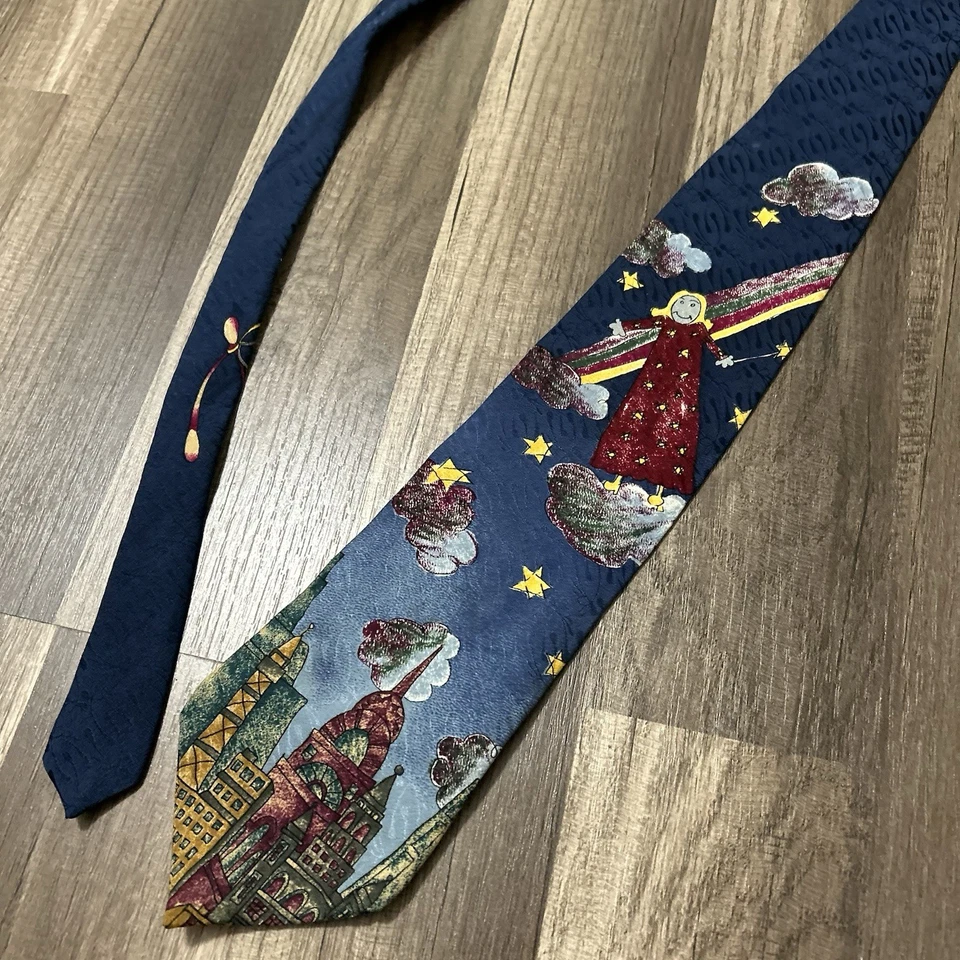 Base Make A Wish Corbata Hombre 100% Seda Azul Granate Ángel Ciudad Estrella Pintura Foto 2 de 4