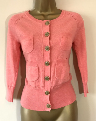 ORLA KIELY Coral Cashmere Merino Blend Feinstrick 3/4 Arm Cardigan Pullover 8/10