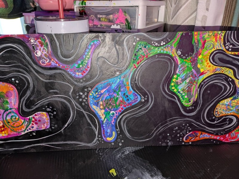 an original piece, whimsical dark abstract painting with a pop of color