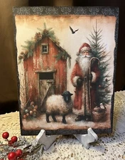 Santa, Sheep, Red Barn, Folk Art, Prim, Christmas Handcrafted Plaque /  Sign