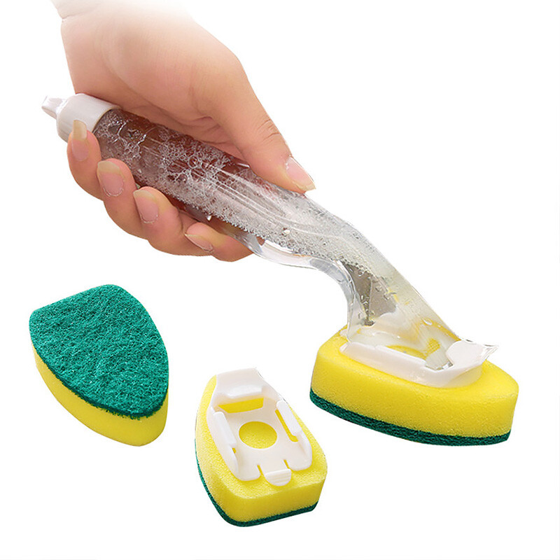Kitchen Dish Washing Brush Long Handle Sponge Head Scrubber Pot Pan BBQ Cleaner