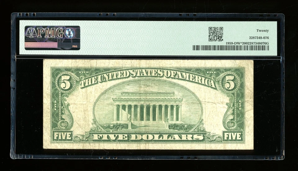 DBR 1934-C $5 FRN Cleveland Wide STAR Fr. 1959-Dw* PMG VF-20 Serial D01161555* - Image 2 of 2