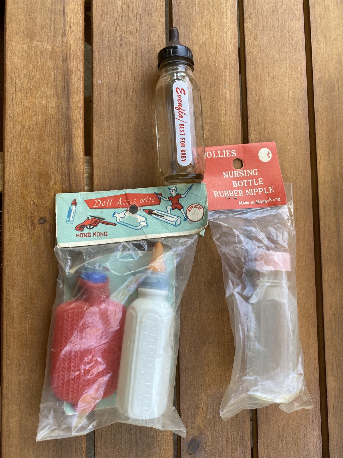 3 Plastic & Glass Baby Doll Bottles 3" For antique bisque or