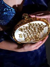 Womens Resin Brass Metal Golden Mother of Pearl Oval Shape Floral Clutch Purse