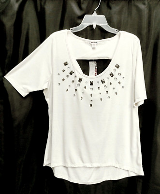 1X~0X~XL~XXL JUNIOR/PLUS/MISSES EMBELLISHED CUT-OUT BACK HI/LO KNIT TOP SHIRT