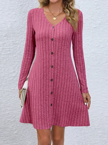 Womens Long Sleeve Button Jumper Dress Ladies Waist Retraction V Neck Dresses - Foto 5 di 13