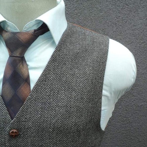 Herren Weste Beige Fischgräte Tweed Anzug Jackett Sakko Formel Hochzeit Business - Picture 8 of 16