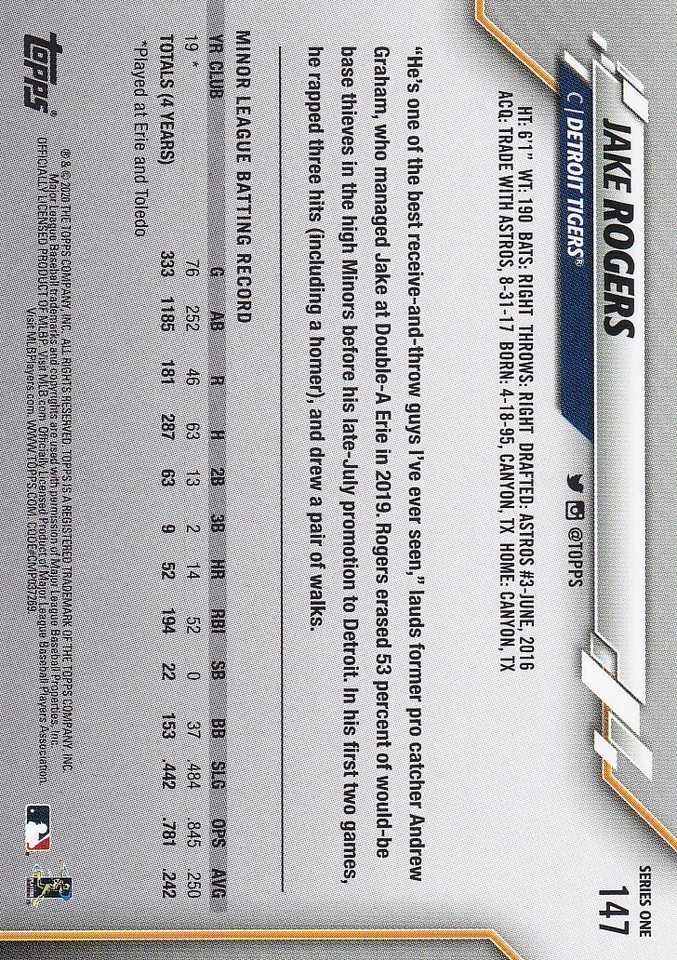 2020 TOPPS GOLD STARS PARALLELS RC JAKE ROGERS DETROIT TIGERS ROOKIE B5540 - Image 2 of 2