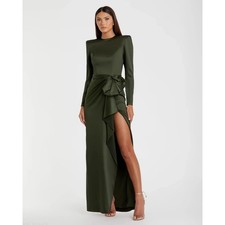 Mac Duggal Olive Green Long Sleeve Satin Bow Draped Formal Gown 10