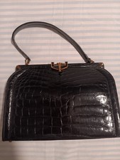 1950s Manon Black Alligator Handbag, gold  black trim