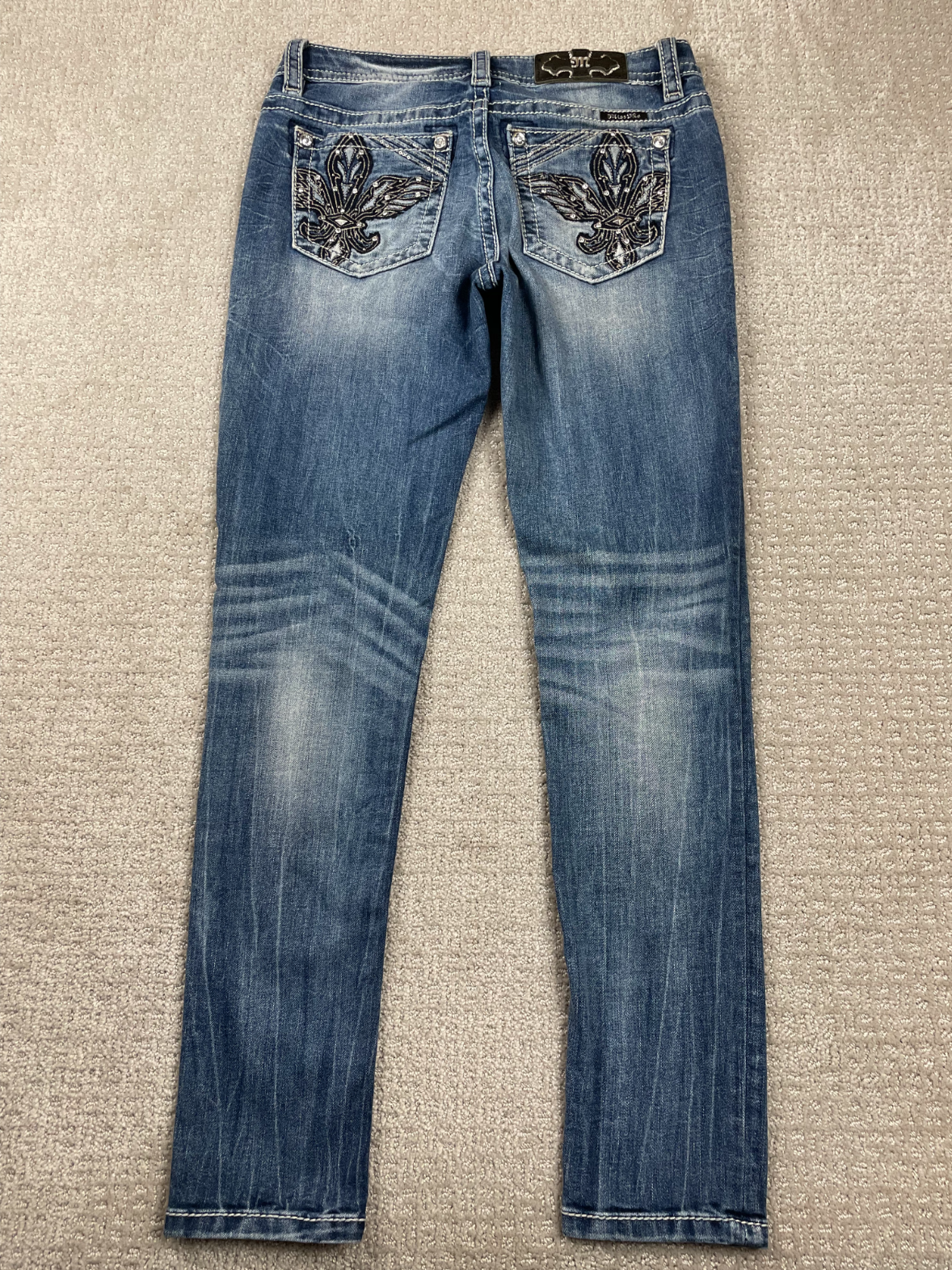 Miss Me Jeans Womens 27 Hailey Skinny Thick Stitch Whiskered Denim Fleur De Lis