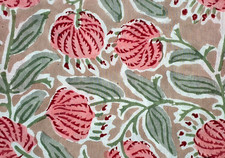 Brown Pink Floral Block Print Indian By the Yard Fabric for Sewing Dressmaking