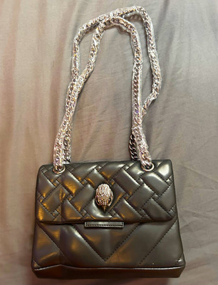 Kurt Geiger London Small Black Quilted Flap Shoulder Bag Chain Strap, Silver