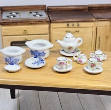 Dollhouse Miniature  Porcelain Blue & White Pots Canisters & Tea Set Lot