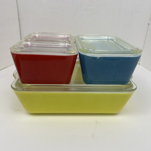 Vintage Pyrex Primary Colors 4 Pc Complete Set Refrigerator Dishes With Lids - Picture 4 of 20