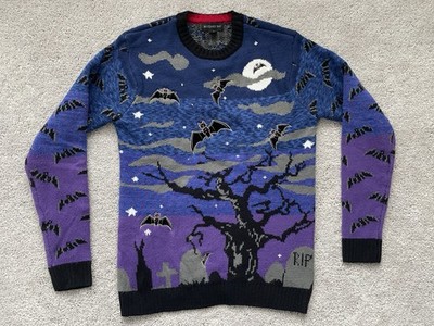Halloween Holiday Sweater Adult Small Blizzard Bay Bat Moon Headstone Spooky AOP
