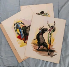 6 Vtg Watercolor On Paper Bullfighting Matador Bull MCM 13x10 Unverified 