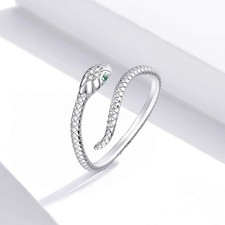 Snake Ring 925 Sterling Silver Adjustable Ring CZ Green Eye Gift Women Jewelry