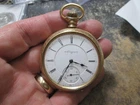 ELGIN FANCY Gold Filled 3 FINGER MOVEMENT Running Pocket Watch MISSING CRYSTAL