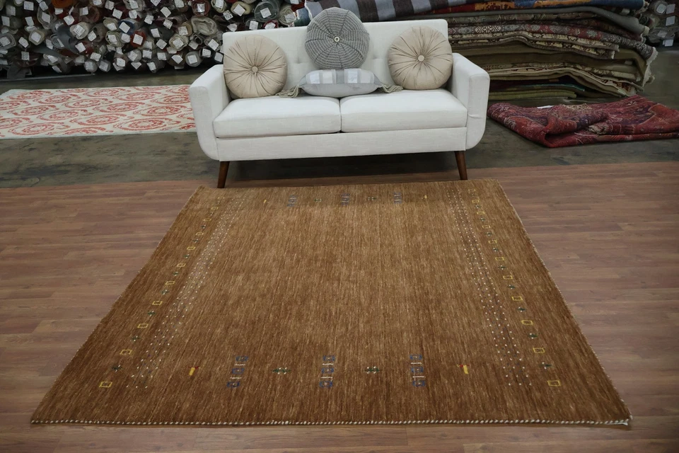 Versatile Brown Square Rug Handmade with Delicate Geometric Border Decor 6x6 - Image 3 of 4