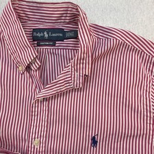 Polo Ralph Lauren Men Fuscia White Stripes Custom Fit LS Shirt Size 15 1/2 34/35
