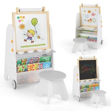 4-in-1 Kids Art Easel with Stool w/Magnetic Whiteboard Chalkboard  Paper Roll