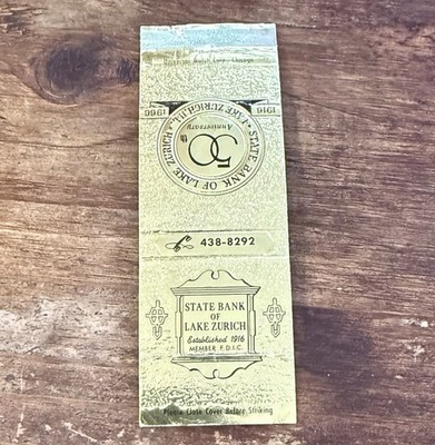 D1599 State Bank Of Lake Zurich Illinois Vintage Matchbook Cover