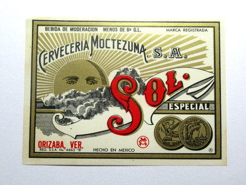 Vintage El Sol Especial Beer Bottle Label Cerveceria Moctezuma Orizaba Mexico