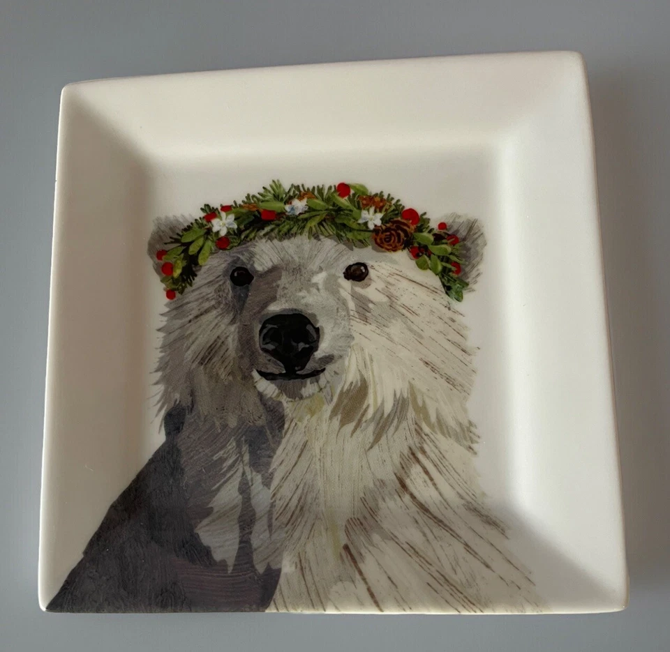 Two Can Art PPD Arctic Snow Polar Bear Appetizer Plate Fine Bone China 6” Square - Image 4 of 4