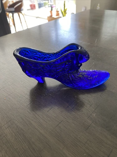 Vintage Fenton Glass Shoe Cobalt Blue Cats Head Slipper Hobnail Figurine