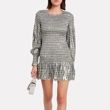 LoveShackFancy Silver Cream Metallic Gingham Silk Smocked Mini Dress XS