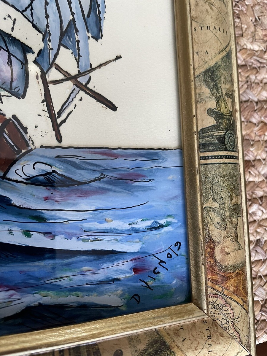Vintage Reverse Painted glass framed art, Set Of 3 Sailboats