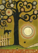 ACEO PRINT OF PAINTING RYTA Black CAT TUXEDO ABSTRACT FOLK ART CROW Halloween 🎃