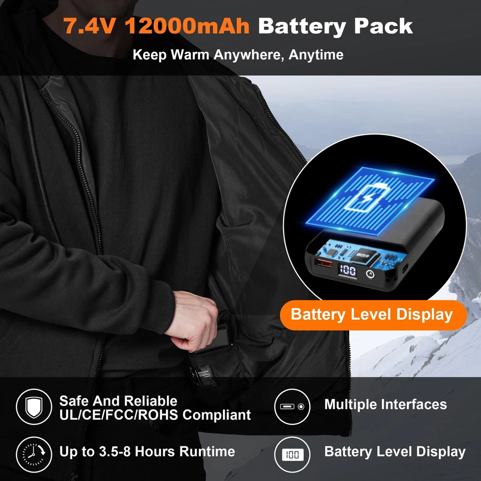 Sweat Chauffante pour Homme Veste à Capuche éLectrique avec Batterie 12000mah... - Photo 3/4