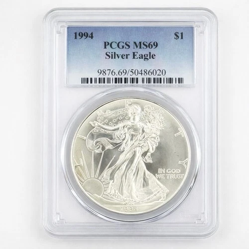1994 $1 American Silver Eagle 1 Oz MS69 PCGS Blue Label -Toning