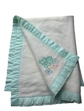 Vintage Bear Cuddle Time Blanket Baby Building Blocks Applique White Aqua Trim